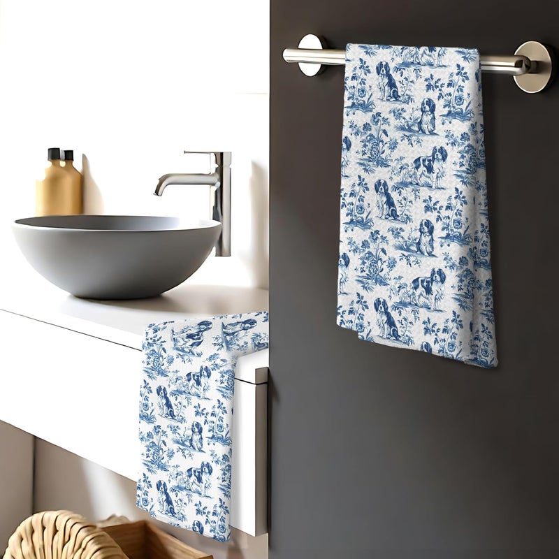 Nipil Chinoiserie Cavalier King Charles Spaniel Kitchen Towels Set of 2, Blue and White Floral Cavalier Spaniel Decor, Grandmillennial Dog Hand Towels for Kitchen Bathroom, 16x24 Inch - Image 4